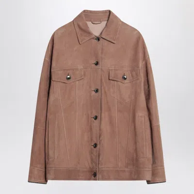 Brunello Cucinelli Brown Leather Overshirt Jacket In Leder