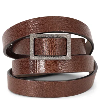 Pre-owned Brunello Cucinelli Brown Leather Textured Buckle Skinny Belt 115