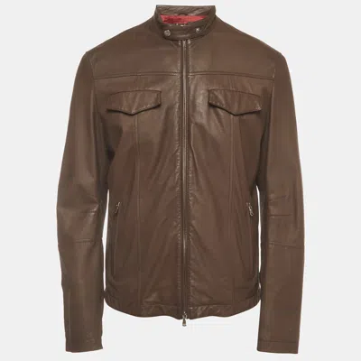 Pre-owned Brunello Cucinelli Brown Leather Zip-up Biker Jacket L