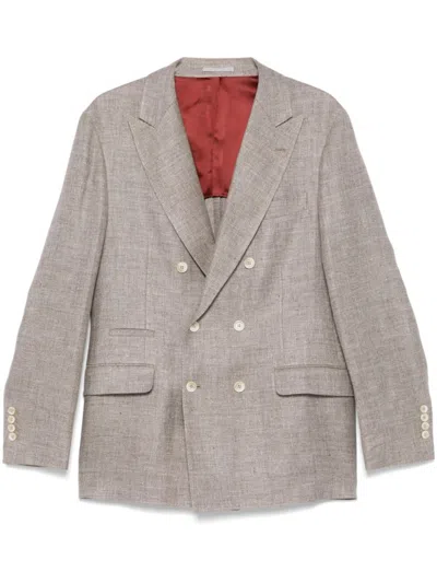 Brunello Cucinelli Brown Linen Blend Blazer In Gray