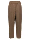 Brunello Cucinelli Brown Linen Blend Trousers With Elastic Waistband In Brown