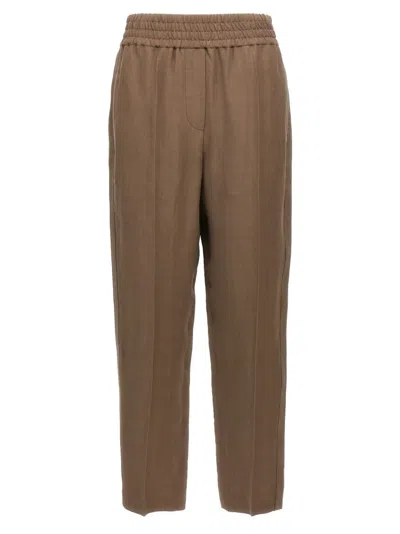 Brunello Cucinelli Brown Linen Blend Trousers With Elastic Waistband