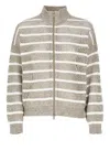 Brunello Cucinelli Beige Cardigan With High Neck And All-over Striped Motif In Linen Blend Woman In Brown