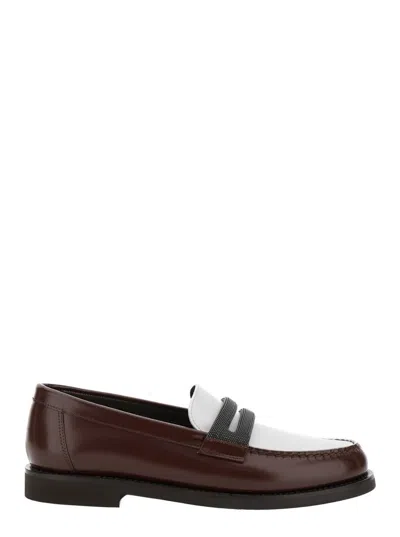 BRUNELLO CUCINELLI BROWN LOAFERS WITH MONILE DETAIL AND CHAIN IN LEATHER WOMAN