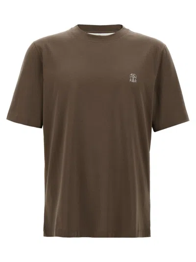 BRUNELLO CUCINELLI BROWN LOGO COTTON T-SHIRT
