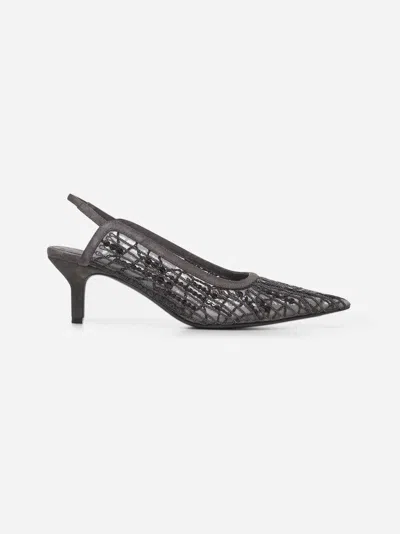 Brunello Cucinelli Brown Mesh Embroidered Slingback<br/>