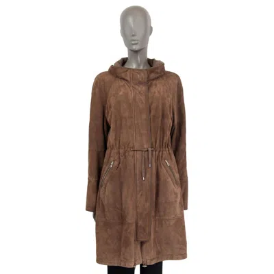 Pre-owned Brunello Cucinelli Brown Nubuck Suede High Neck Drawstring Coat Jacket L