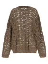 Brunello Cucinelli Dazzling Brown Round Neck Sweater With Open Stitch And Beaded Decorations In Linen Blend Woman In Brown