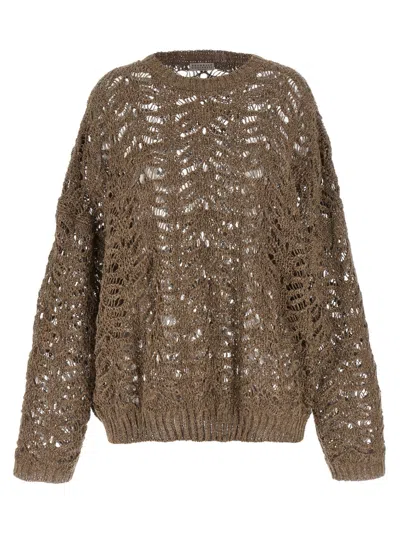 BRUNELLO CUCINELLI BROWN OPENWORK SWEATER