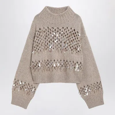 BRUNELLO CUCINELLI BRUNELLO CUCINELLI  BROWN OPENWORK SWEATER WITH SEQUINS