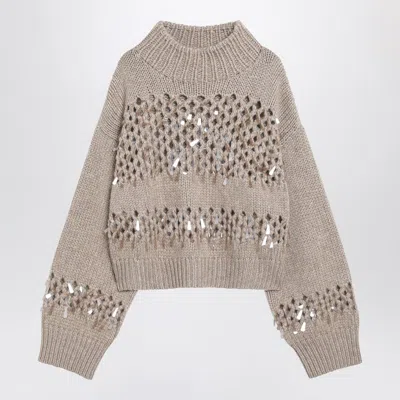BRUNELLO CUCINELLI BROWN OPENWORK SWEATER WITH SEQUINS