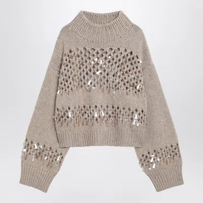 BRUNELLO CUCINELLI BRUNELLO CUCINELLI BROWN OPENWORK SWEATER WITH SEQUINS