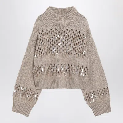 BRUNELLO CUCINELLI BRUNELLO CUCINELLI BROWN OPENWORK SWEATER WITH SEQUINS WOMEN