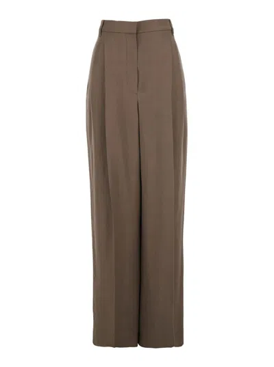 Brunello Cucinelli Brown Pants With Pleated Details In Linen Blend Woman