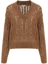 Brunello Cucinelli Brown Sweater With V-neck And Open Stitch In Linen And Silk Blend Woman In Brown