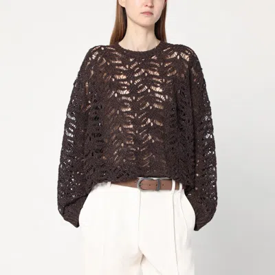 BRUNELLO CUCINELLI BRUNELLO CUCINELLI BROWN PERFORATED SWEATER WITH MICRO SEQUINS