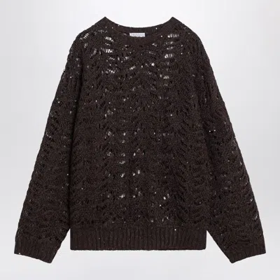 BRUNELLO CUCINELLI BROWN PERFORATED SWEATER WITH MICRO SEQUINS