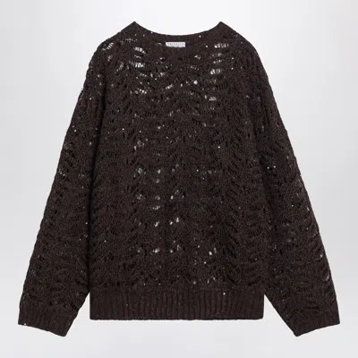 BRUNELLO CUCINELLI BRUNELLO CUCINELLI BROWN PERFORATED SWEATER WITH MICRO SEQUINS