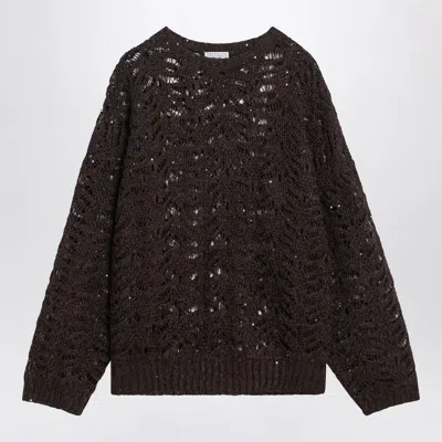 BRUNELLO CUCINELLI BRUNELLO CUCINELLI  BROWN PERFORATED SWEATER WITH MICRO SEQUINS