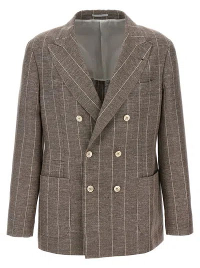 BRUNELLO CUCINELLI BROWN PINSTRIPED DECONSTRUCTED BLAZER