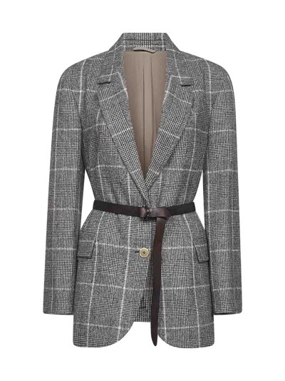 Brunello Cucinelli Women Brown Prince Of Wales Belted Blazer In Gray