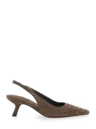 Brunello Cucinelli Brown Pumps With Applied Details In Suede Woman