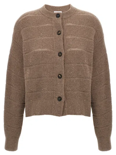 BRUNELLO CUCINELLI BROWN RUSTIC DAZZLING NET CARDIGAN