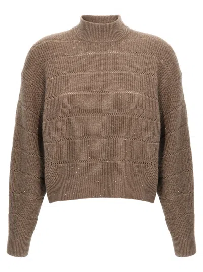 BRUNELLO CUCINELLI BROWN RUSTIC DAZZLING NET CROPPED SWEATER