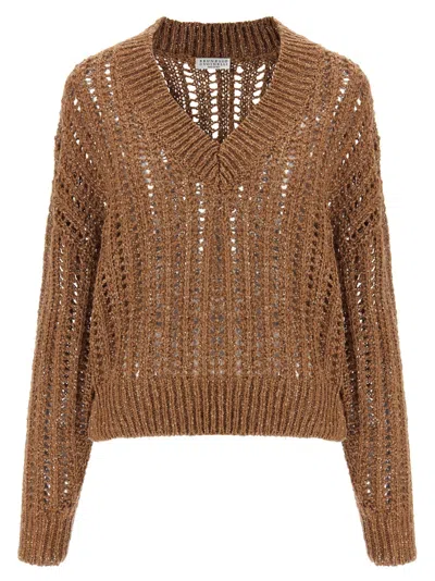 BRUNELLO CUCINELLI BROWN RUSTIC DAZZLING NET SWEATER