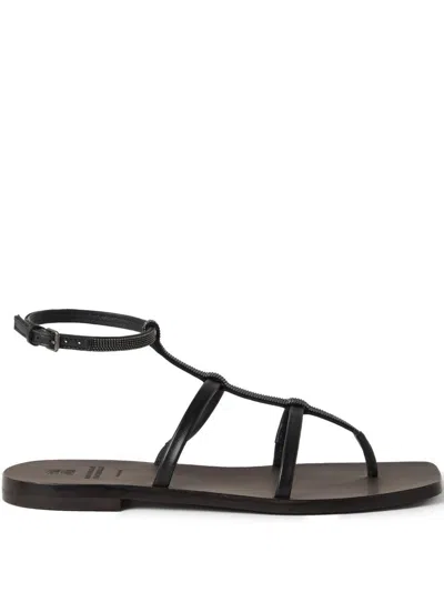 Brunello Cucinelli Brown Sandals In Leather With Precious Strap In Black