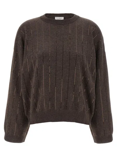 BRUNELLO CUCINELLI BROWN SEQUIN CASHMERE SWEATER