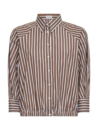 Brunello Cucinelli Brown Shadow Striped Poplin Shirt With Monili