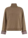 Brunello Cucinelli Women Turtleneck Sweater With Shiny Shirt Details In Brown