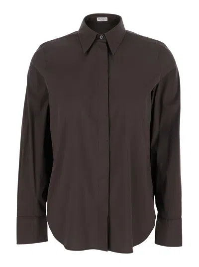 Brunello Cucinelli Brown Shirt With Classic Collar And Dropped Shoulders In Cotton Blend Woman