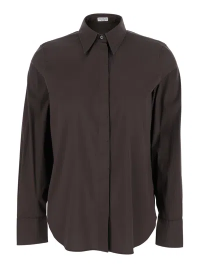 BRUNELLO CUCINELLI BROWN SHIRT WITH CLASSIC COLLAR AND DROPPED SHOULDERS IN COTTON BLEND WOMAN