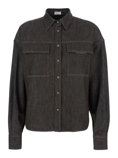 Brunello Cucinelli Brown Shirt With Classic Collar And Monil Detail On The Pocket In Cotton Blend Woman