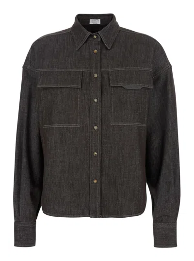 BRUNELLO CUCINELLI BROWN SHIRT WITH CLASSIC COLLAR AND MONIL DETAIL ON THE POCKET IN COTTON BLEND WOMAN