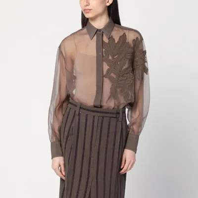 BRUNELLO CUCINELLI BROWN SHIRT WITH FLORA APPLIQUÉ IN SILK