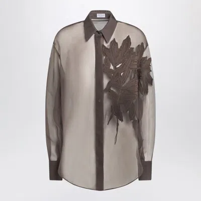BRUNELLO CUCINELLI BRUNELLO CUCINELLI  BROWN SHIRT WITH FLORA APPLIQUÉ IN SILK