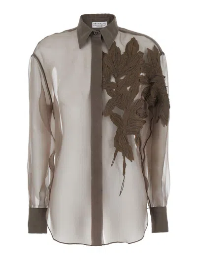 Brunello Cucinelli Brown Shirt With Semi-transparent Design And Embroidery On The Front
