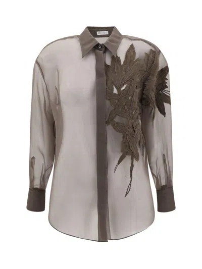 Brunello Cucinelli Brown Shirt With Semi-transparent Design And Embroidery On The Front