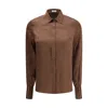 Brunello Cucinelli Silk Satin Stretch Blouse With Bib In Brown