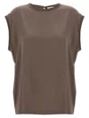 Brunello Cucinelli Silk Crewneck Blouse With Back Button Closure In Brown