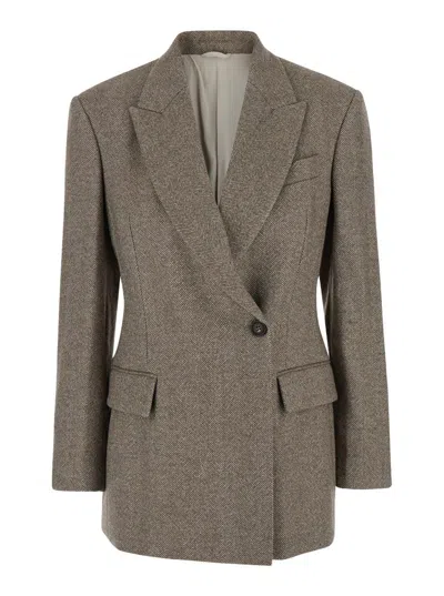Brunello Cucinelli Brown Single-breasted Jacket With Peak Revers In Wool Blend Stretch Woman