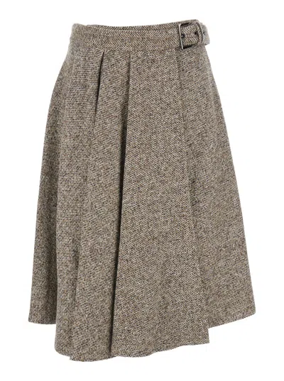 Brunello Cucinelli Brown Skirt With Belt And Pleated Details In Virgin Wool Blend Woman In Gray