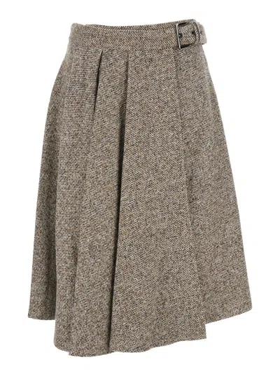BRUNELLO CUCINELLI BROWN SKIRT WITH BELT AND PLEATED DETAILS IN VIRGIN WOOL BLEND WOMAN