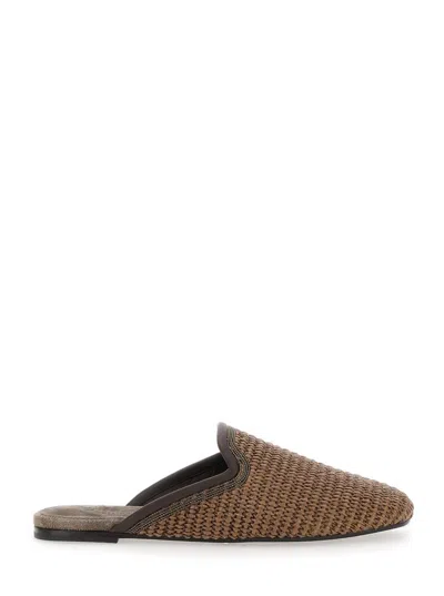 Brunello Cucinelli Brown Slip-on Sandals With Woven Design And Suede Lining