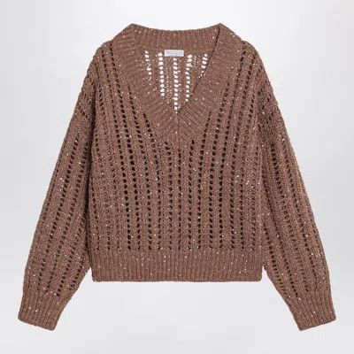 BRUNELLO CUCINELLI BRUNELLO CUCINELLI BROWN SPARKLING MESH SWEATER WOMEN