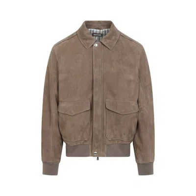 BRUNELLO CUCINELLI BRUNELLO CUCINELLI BROWN SUEDE JACKET WITH CLASSIC COLLAR