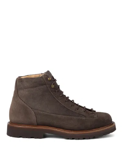 Brunello Cucinelli Brown Suede Lace-up Boots With Rugged Design In Gray